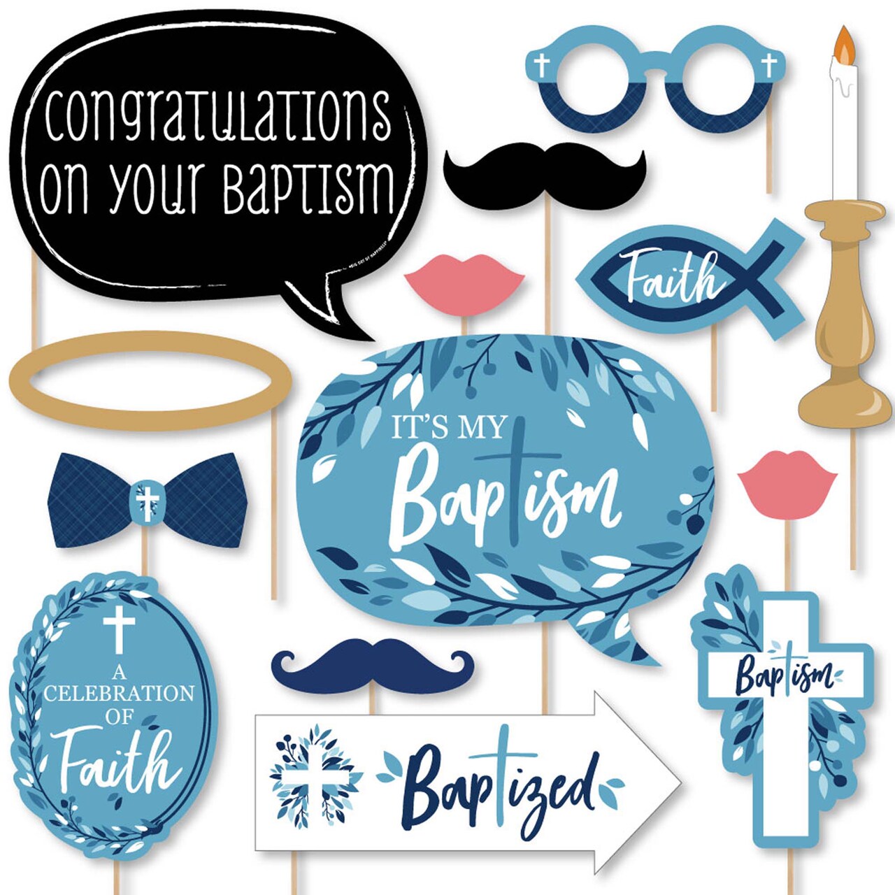 Big Dot of Happiness Baptism Blue Elegant Cross - Boy Religious Party Photo Booth Props Kit - 20 Count